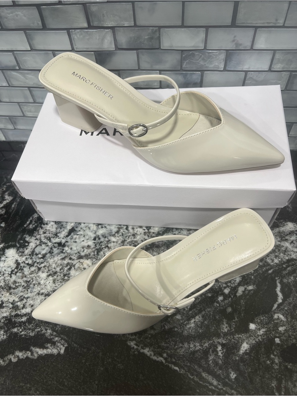 Marc Fisher Cream Patent Pointed-Toe Mules
